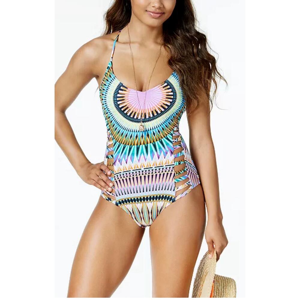 Bar III Multicolor Geometric One-Piece Swimsuit - Teal, Pink, Yellow